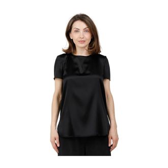 Max Mara Tops, Dames, Zwart, XS, Satijn, T-shirt met korte mouwen en ronde hals van gewassen stretch zijdesatijn