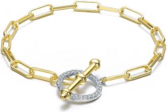 Rachel Glauber Two-Tone with Clear Cubic Zirconia Toggle Clasp Link Bracelet
