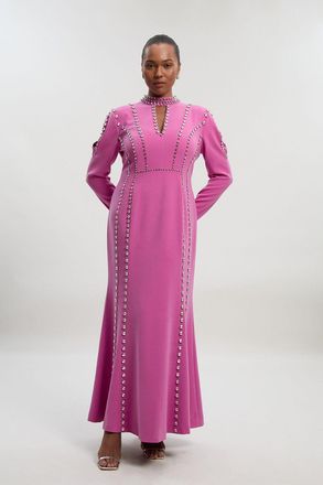 Karen Millen Womens Plus Size Crystal Embellished Woven Plunge Detail Maxi Dress - Rose - Size 18 UK