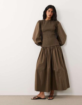 Asos Vestito lungo arricciato in popeline marrone