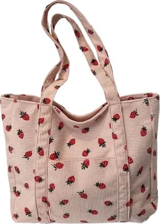Generic MTKSFDC Corduroy Tote Bag Corduroy Handbag Strawberries Beach Bag Versatile Shoulder LargeCapacity Simple Commuter Womens Tote(Pink)