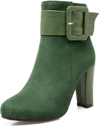 Generic Womens Faux Suede Casual Ankle Boots with Buckle Strap & Block Heel, Round Toe Short Evening Booties,Green,7.5 UK