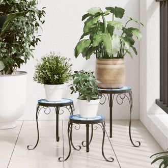 vidaXL Soportes Para Plantas 3 Uds Cer&aacute;mica Azul Y Blanco Vidaxl