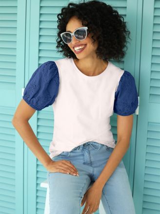 Heine Kurzarmshirt HEINE Shirt, Damen, Gr. 34, ecru, 95% Baumwolle, 5% Elasthan, Einsatz:100% Baumwolle, unifarben, Rundhals, Shirts Kurzarmshirt