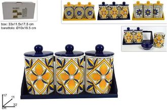Trade Shop Trade Shop - Tris Barattoli Set 3 Pz Barattoli Con Supporto Ceramica Decoro Fantasia Maiolica