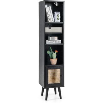 Costway Libreria Scaffale con Anta in Rattan Naturale, Scaffale Legno in Stile Boho con 3 Ripiani Regolabili in 12 Posizioni, per Soggiorno Cucina e