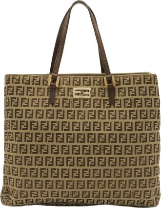 Fendi Zucchino Brown Khaki Brown Canvas Leather Handbag Tote Bag (Pre-Owned)