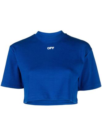 Off-white logo-print cropped T-shirt - women - Cotton/Spandex/Elastane - M - Blue