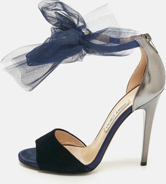 Jimmy Choo London Blue/grey Velvet And Leather Bow Lilyth Ankle Strap Sandals