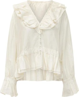 Ganni Habotai Frill Blouse - Dames - Blouses - Wit - M - Overhemden