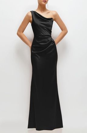 After Six One-Shoulder Satin Charmeuse Gown in Black at Nordstrom, Size 12