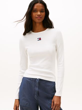 Tommy Jeans Langarmshirt TOMMY JEANS TJW SLIM LS BADGE TEE EXT, Damen, Gr. 4XL (48), ecru, Single Jersey, Obermaterial: 95% Baumwolle, 5% Elasthan, unifarben, sli