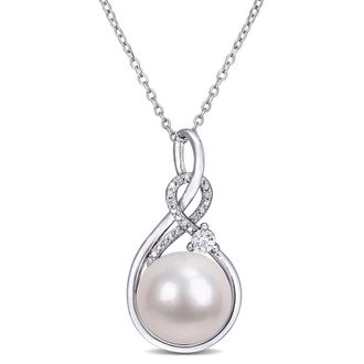 Amour 11-12mmcultured Freshwater Pearl, 1/6 CT TGW Created White Sapphire and Diamond-accent Twist Pendant with Chain In Sterling Silver