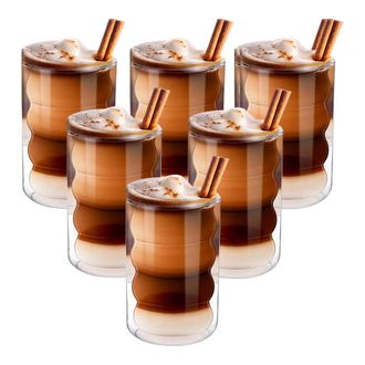 OEM Vasos De Caf&eacute; Con Leche De Doble Pared, 350 Ml, Juego De 6 Unidades En Vidrio De Borosilicato, Con Cucharas Y Posavasos