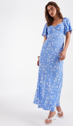 & Other Stories Vestito in viscosa blu a fiori con scollo a cuore, maniche a sbuffo e gonna al polpaccio