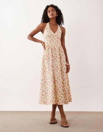New Look Vestito midi giallo a fiorellini allacciato al collo con vita scesa