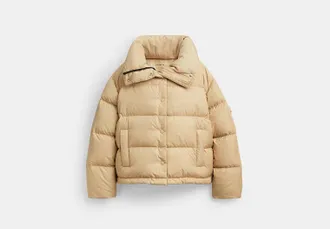 Coach Womens Short Puffer Jacket in Beige, Size X-Small | Nylon