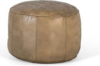 Giner&Colomer Puff redondo tapizado en piel natural color beige