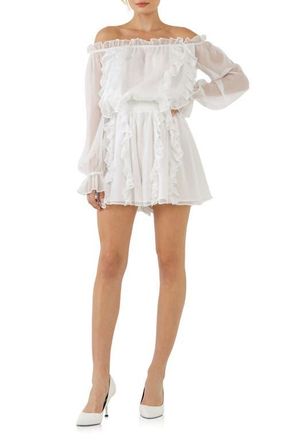 endless rose Off the Shoulder Chiffon Romper in White at Nordstrom, Size X-Small