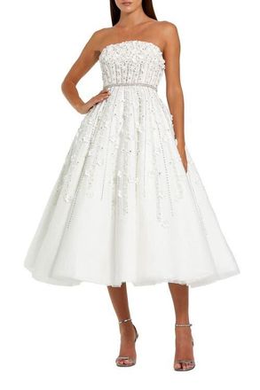 Mac Duggal Embellished Lace Strapless Midi A Line Dress in Ivory at Nordstrom, Size 12