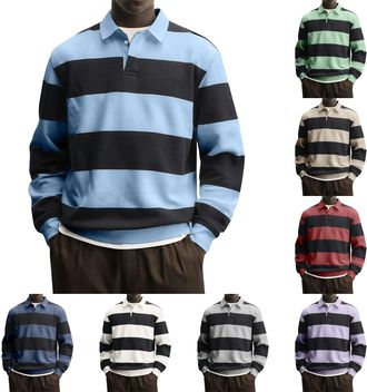 Generic Mens Stripe Polo Shirt Mens Long Sleeve Polo Shirts Designer Striped Colour Block Shirts Slim Fit Golf Shirt 1/4 Button Work Tops Classic Collared Top