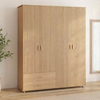 IDMarket Juliette Armario De 4 Puertas Efecto Listones De Madera En Color Roble Armario De 160 Cm Con 2 Cajones Y Estantes