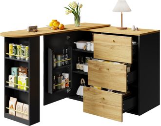 STILVORA Mesa De Comedor Extensible Con 3 Cajones, Estantes Y Giro De 360&deg;, En Mdf, 138-204x39x104 Cm, Negro
