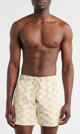 Bugatchi Cruz Wave Print Swim Trunks in Jojoba at Nordstrom, Size Xx-Large