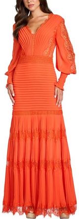Tadashi Shoji Pintuck Detail Long Sleeve Gown in Apricot at Nordstrom, Size 16