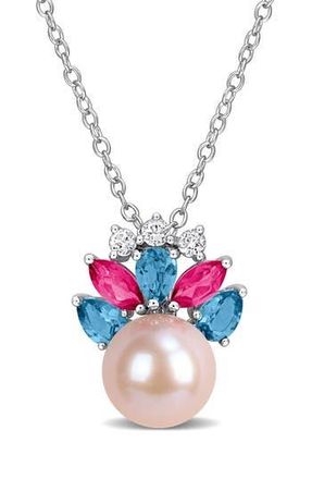 Delmar 8-8.5mm Cultured Freshwater Pearl & Gemstone Cluster Pendant Necklace in Pink/Blue/Silver Multi at Nordstrom Rack