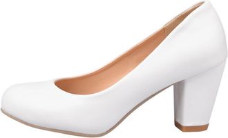 Generic Womens Round Toe PU Leather Formal Shoes Block High Heel Dress Pumps Slip on Wedding Party Prom Shoes,White,6.5 UK