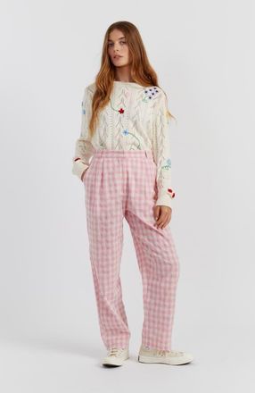 Chinti and Parker Linen Blend Gingham Pants in Pink Gingham at Nordstrom, Size 10
