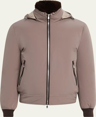 Brunello Cucinelli Mens Full-Zip Nylon and Shearling Jacket with Detachable Hood