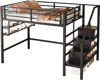 STILVORA Cama Alta Infantil, Cama Doble Con Estantes, Escalera De Almacenaje Y Barandilla, 140 X 200 Cm, Sin Colch&oacute;n