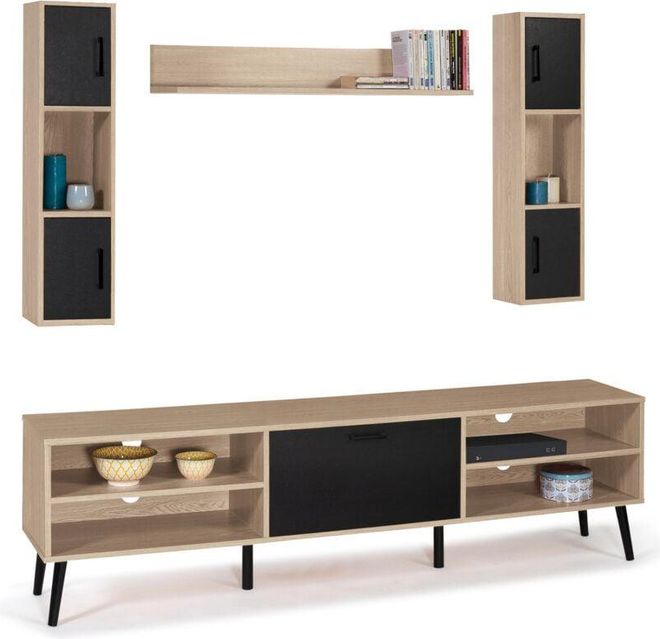Meuble TV IDMarket PHOENIX 160cm - Bois Et Noir, 2 Portes + Étagère - Pour Écran Jusqu'à 70 Pouces