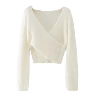 Generic Womens V Neck Long Sleeve Pullover Sweater High Waisted Crop Top Casual Knitted (White, One Size)