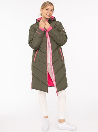 Zwillingsherz Steppmantel ZWILLINGSHERZ Happy Vibes, Damen, Gr. XXL, gr&uuml;n (khaki), Obermaterial: 100% Polyester, M&auml;ntel Steppmantel, Print an Kapuze, farbigen Detai