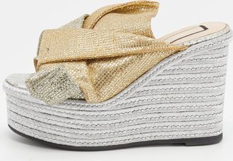 N&deg;21 N21 Silver/gold Glitter Fabric Raso Knot Espadrille Platform Wedge Sandals