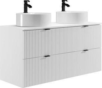 Vente-Unique Mueble de baño suspendido estriado con lavabo sobre encimera redondo - Blanco mate - 120 cm - ZEVINI