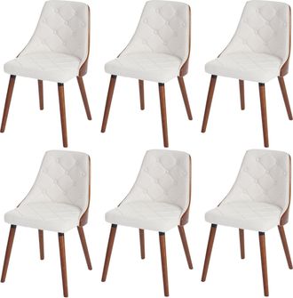 Hhg Juego De 6 Sillas De Comedor Hhg-418, Silla De Visita Silla De Cocina, Madera Curvada Nogal, Polipiel Blanca