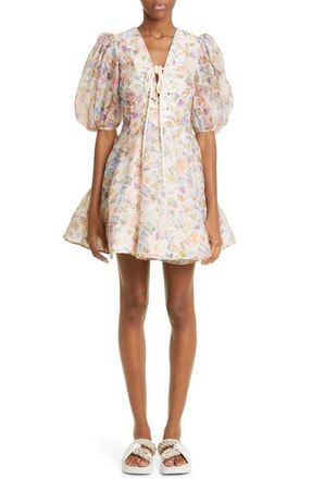 Zimmermann High Tide Lace-Up Puff Sleeve Linen & Silk Babydoll Minidress in Stamp Print at Nordstrom, Size 0
