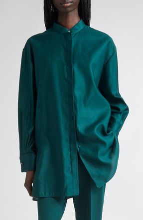Max Mara Anta Oversize Cotton Sateen Button-Up Shirt in Dark Green at Nordstrom, Size 14