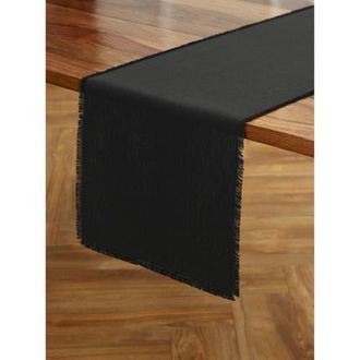 Solino Home Linen Table Runner for Dining Table, Holiday and Everyday Table Decor - Fringe in Black at Nordstrom, Size X-Large