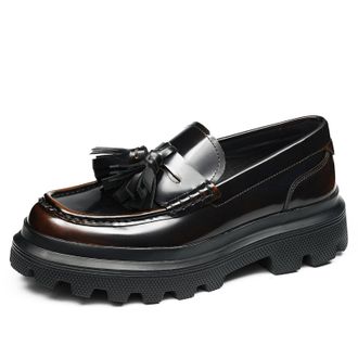 Generic Mens Slip on Platform Loafers Round Toe Patent Leather Office Dress Shoes Low Block Heel Casual Shoes with Tassel,Brown,5.5 UK