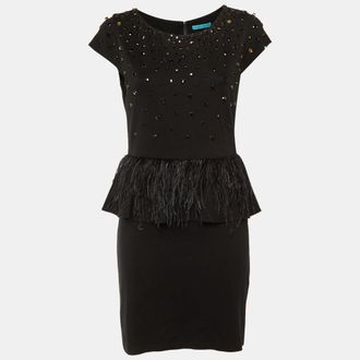 Alice & Olivia Alice + Olivia Black Embellished Jersey Feather Detail Peplum Mini Dress