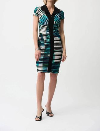 Joseph Ribkoff Geometric Cascade Knit Sheath Dress In Green/multi