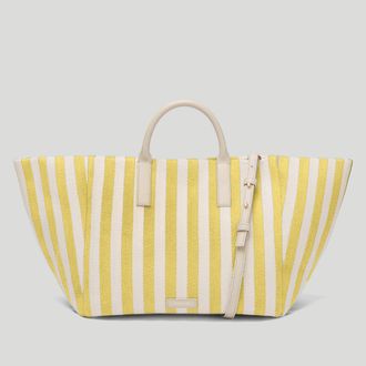 DeMellier The Lisbon Tote in Yellow Ecru Canvas Off-White Smooth Leather Crossbody bag