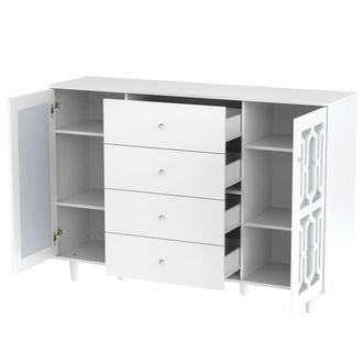 STILVORA Aparador Con 2 Puertas, 4 Cajones Y Tiradores De Cristal, Acabado Espejo, En Mdf, Blanco, 147,5&times;40&times;102 Cm