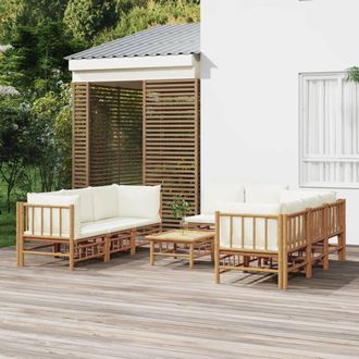 vidaXL Set De Muebles De Jard&iacute;n 9 Piezas Bamb&uacute; Y Cojines Blanco Crema Vidaxl