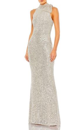 Mac Duggal Womens Sequined Soft Tie Halter Neck Column Gown in Nude Silver at Nordstrom, Size 16